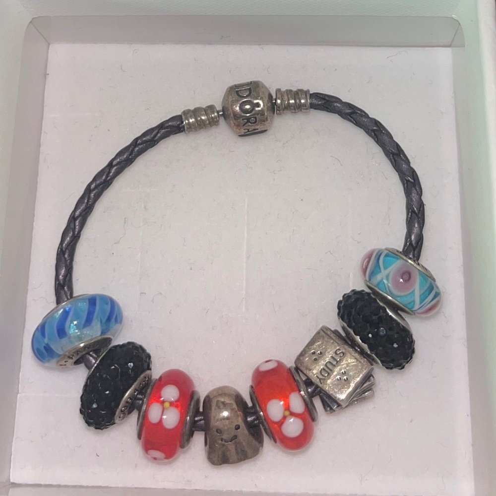 Original Purple Leather Pandora Bracelet and Charms/Beads